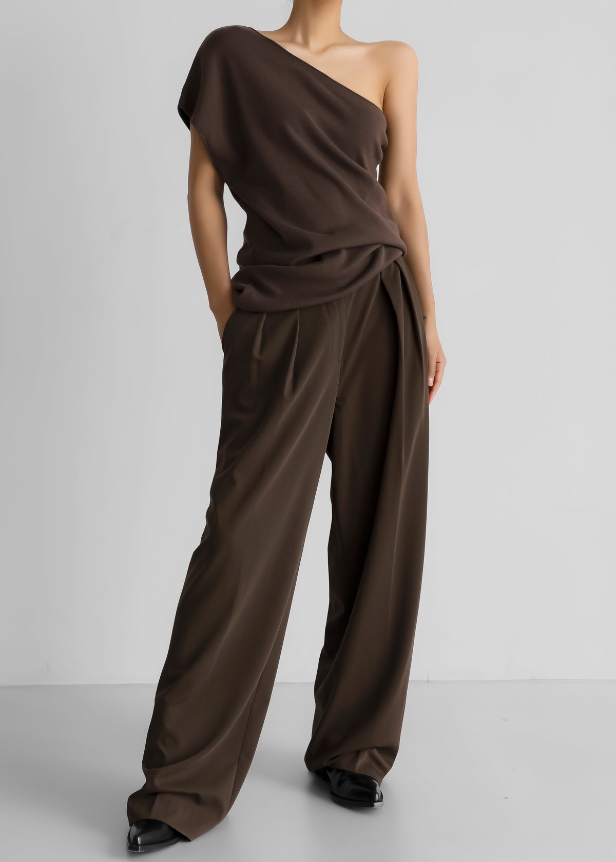 Get the latest Nivi One Shoulder Knit Top - Brown The Frankie Shop